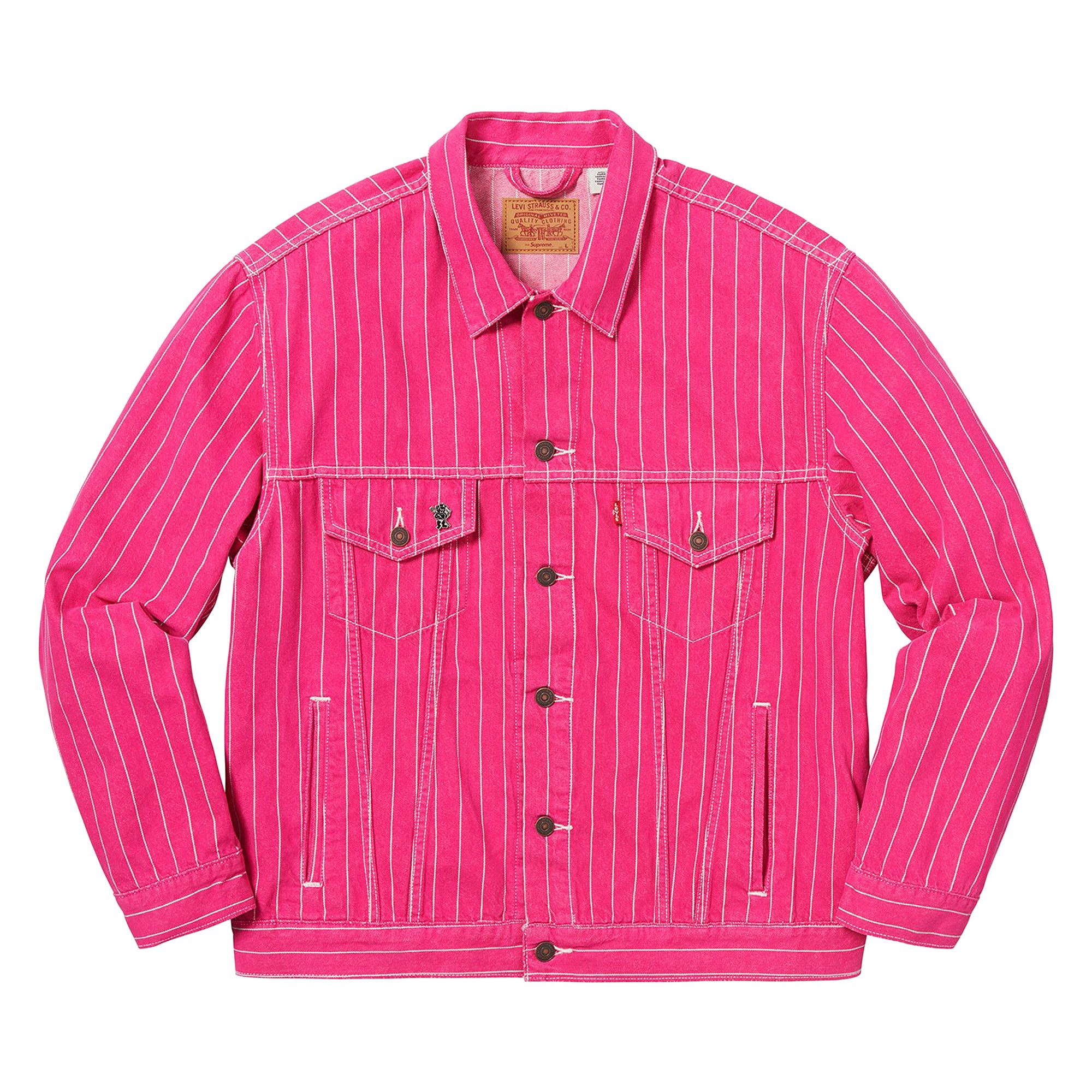 ジャケット・アウター Supreme Levi's pinstripe trucker jacket Buy Supreme x Levi's Pinstripe Trucker Jacket With Pin 'Magenta