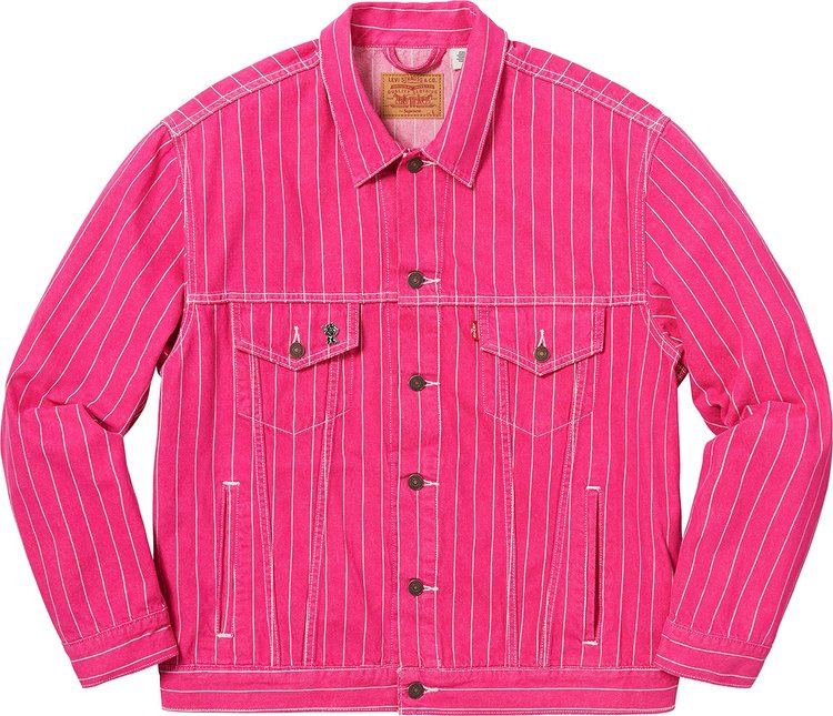 Supreme x Levis Pinstripe Trucker Jacket With Pin Magenta Stripe