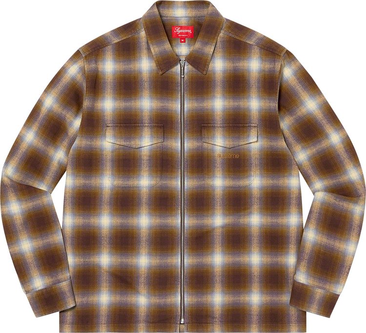 Supreme Shadow Plaid Flannel Zip Up Shirt Brown