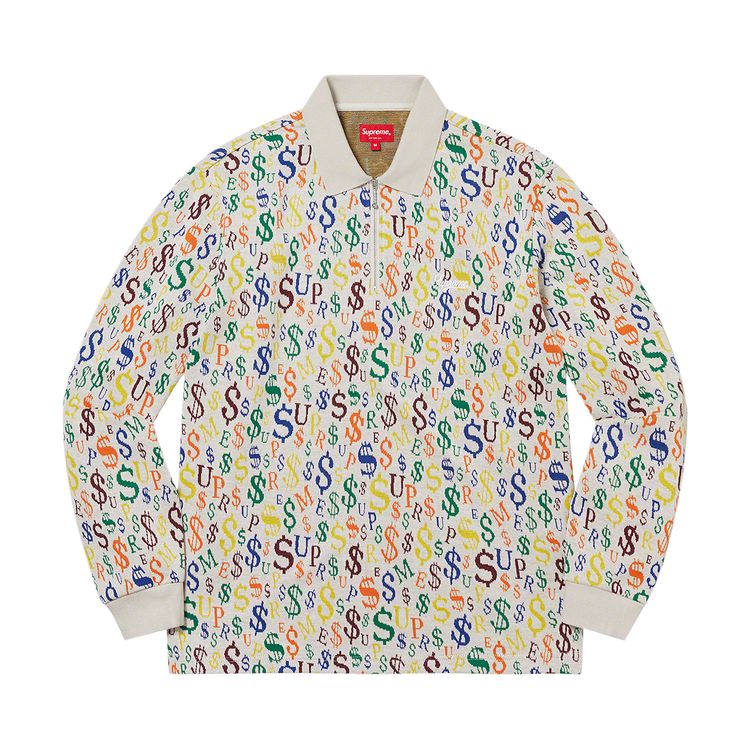 Supreme Currency Jacquard Zip Long Sleeve Polo White