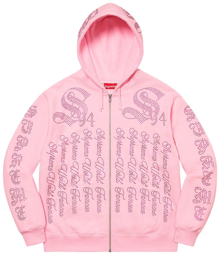Supreme Rhinestone Zip Up Hooded Sweatshirt Light Pink