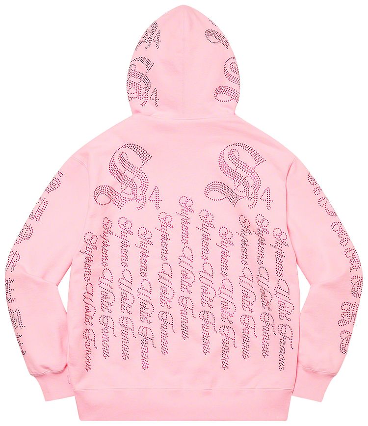Supreme Rhinestone Zip Up Hooded Sweatshirt Light Pink