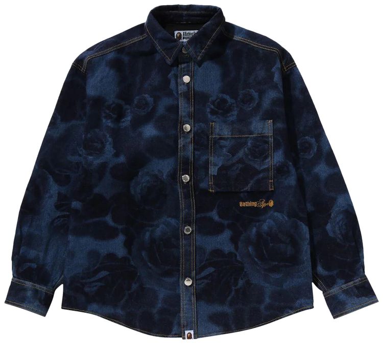 BAPE Floral Camo Jacquard 13Oz Denim Long Sleeve Shirt Navy