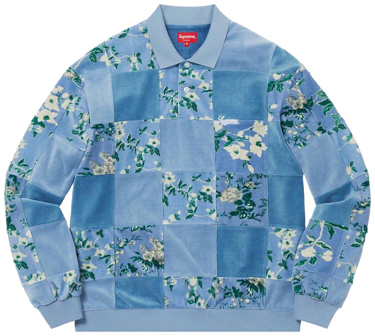 Supreme Floral Patchwork Velour Long Sleeve Polo Slate