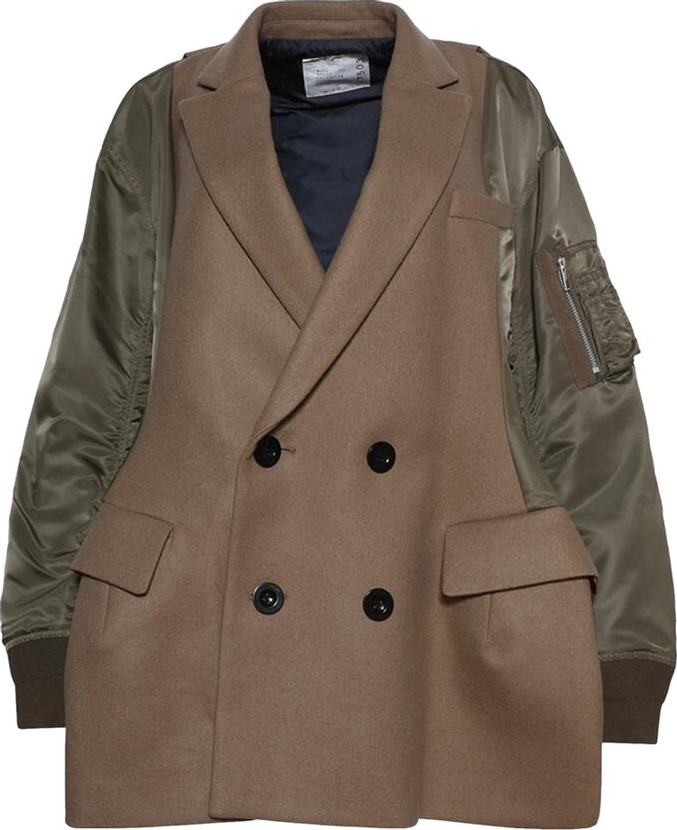 Sacai Wool Melton Nylon Twill Quilted Coat BeigeKhaki