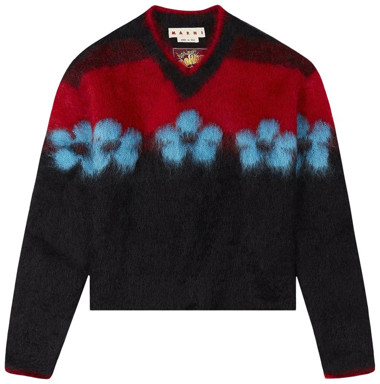 Marni V Neck Floral Pattern Sweater Black