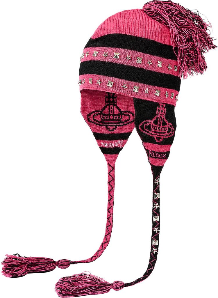 Palace x Vivienne Westwood Orb Knit Earflap Beanie PinkBlack