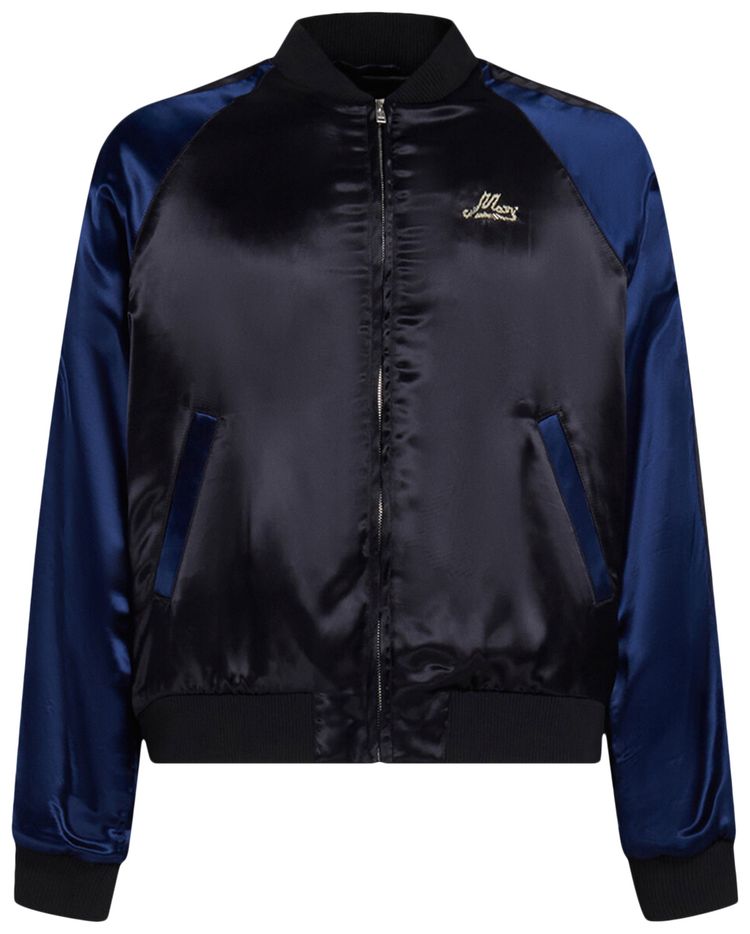 Marni Logo Embroidered Satin Bomber Jacket BlackOrion Blue