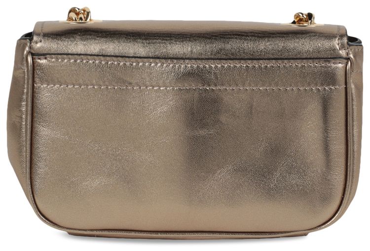 Moschino Metallic Leather Crystal Embellished Logo Crossbody Bag Fantasy PrintBeige