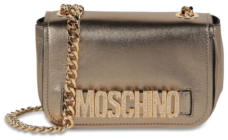 Moschino Metallic Leather Crystal Embellished Logo Crossbody Bag Fantasy PrintBeige