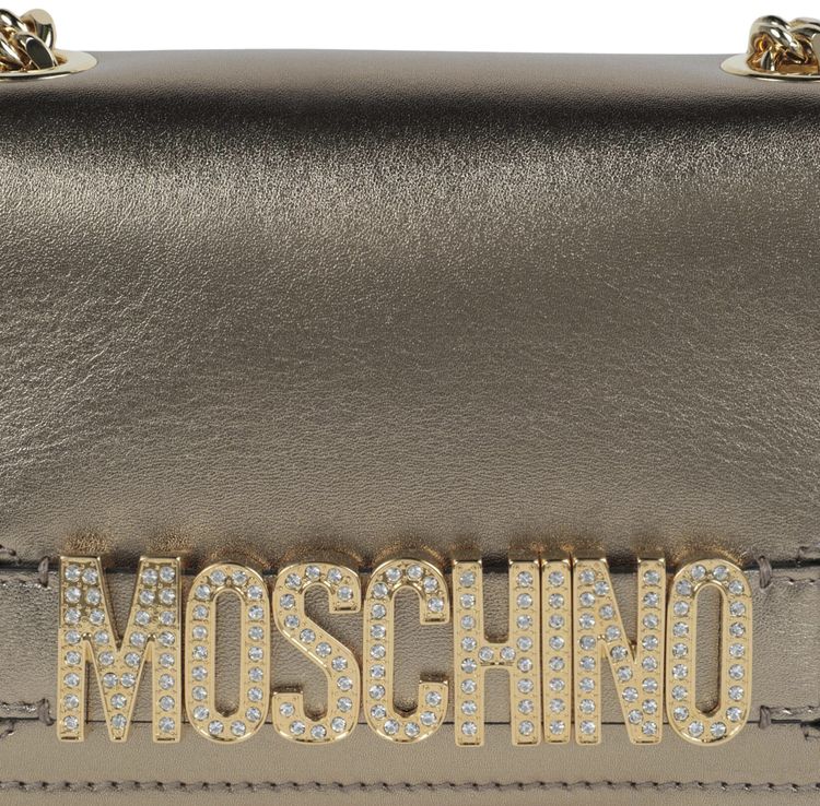 Moschino Metallic Leather Crystal Embellished Logo Crossbody Bag Fantasy PrintBeige