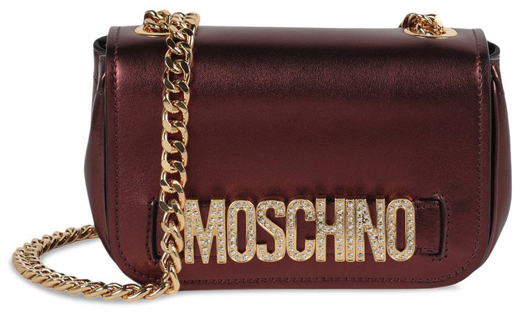 Moschino Metallic Leather Crystal Embellished Logo Crossbody Bag Fantasy PrintViolet