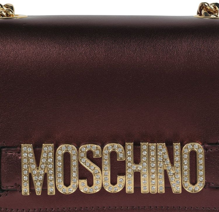 Moschino Metallic Leather Crystal Embellished Logo Crossbody Bag Fantasy PrintViolet