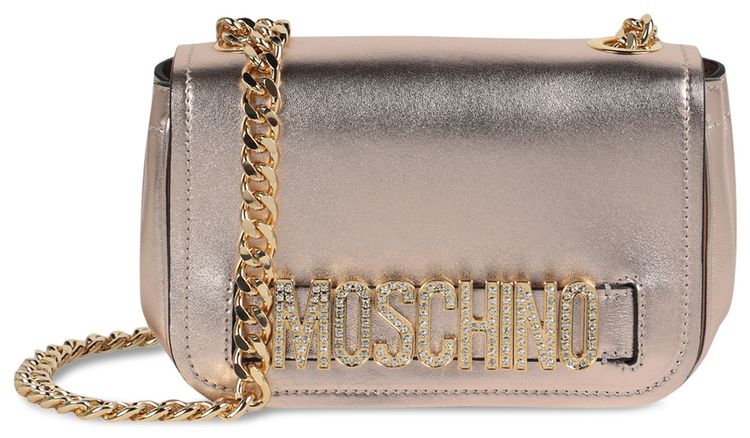 Moschino Metallic Leather Crystal Embellished Logo Crossbody Bag Fantasy PrintPink