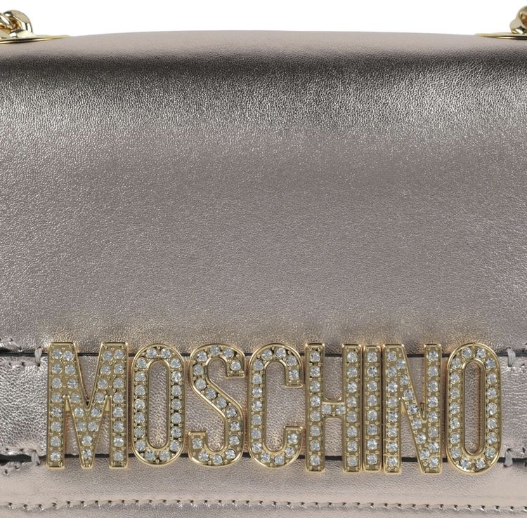 Moschino Metallic Leather Crystal Embellished Logo Crossbody Bag Fantasy PrintPink