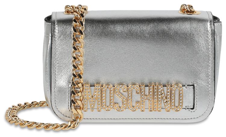 Moschino Metallic Leather Crystal Embellished Logo Crossbody Bag Fantasy PrintNickel