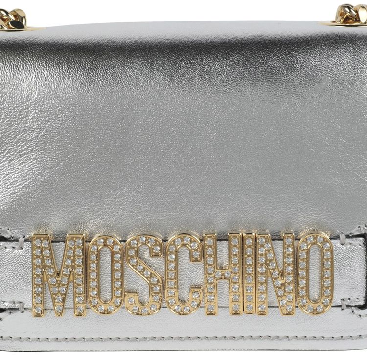 Moschino Metallic Leather Crystal Embellished Logo Crossbody Bag Fantasy PrintNickel