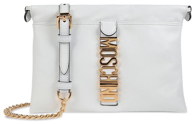 Moschino Logo Belt Drawstring Crossbody Bag White