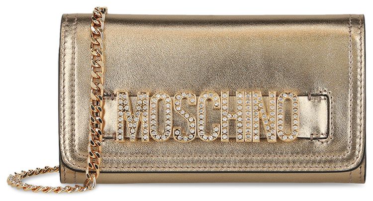 Moschino Crystal Embellished Belt Logo Lettering Crossbody Bag Gold