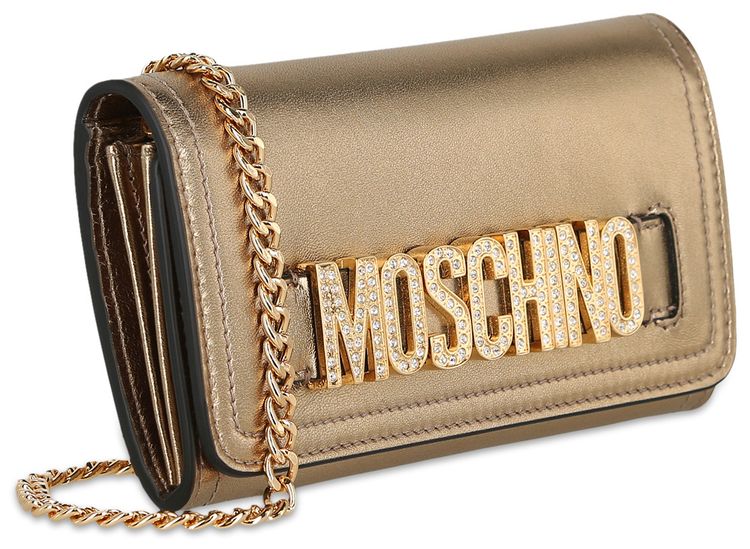 Moschino Crystal Embellished Belt Logo Lettering Crossbody Bag Gold