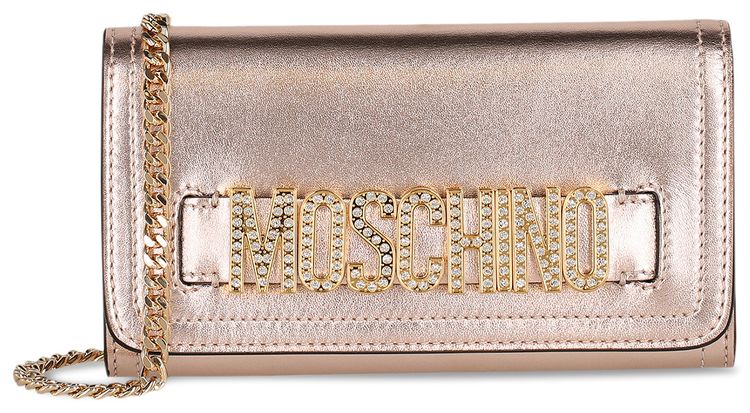 Moschino Crystal Embellished Belt Logo Lettering Crossbody Bag Fantasy PrintPink