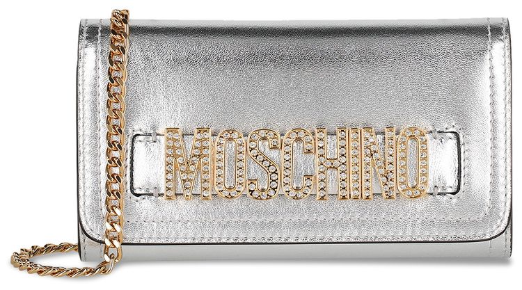 Moschino Crystal Embellished Belt Logo Lettering Crossbody Bag Fantasy PrintNickel