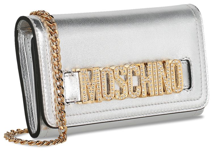 Moschino Crystal Embellished Belt Logo Lettering Crossbody Bag Fantasy PrintNickel