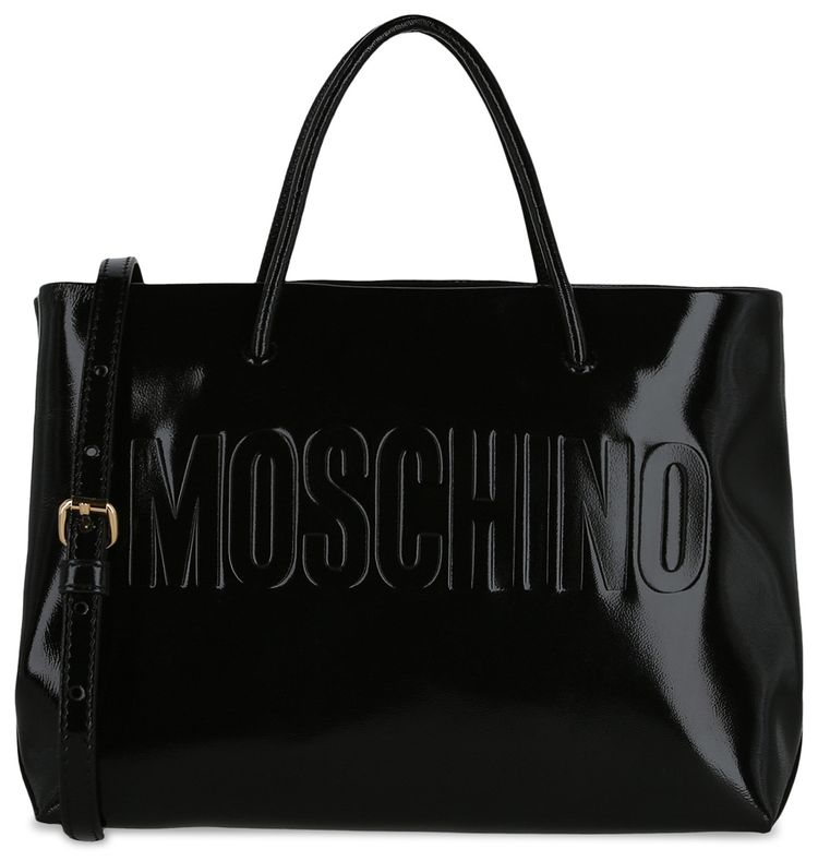 Moschino Logo Embossed Coated Leather Tote Bag Black
