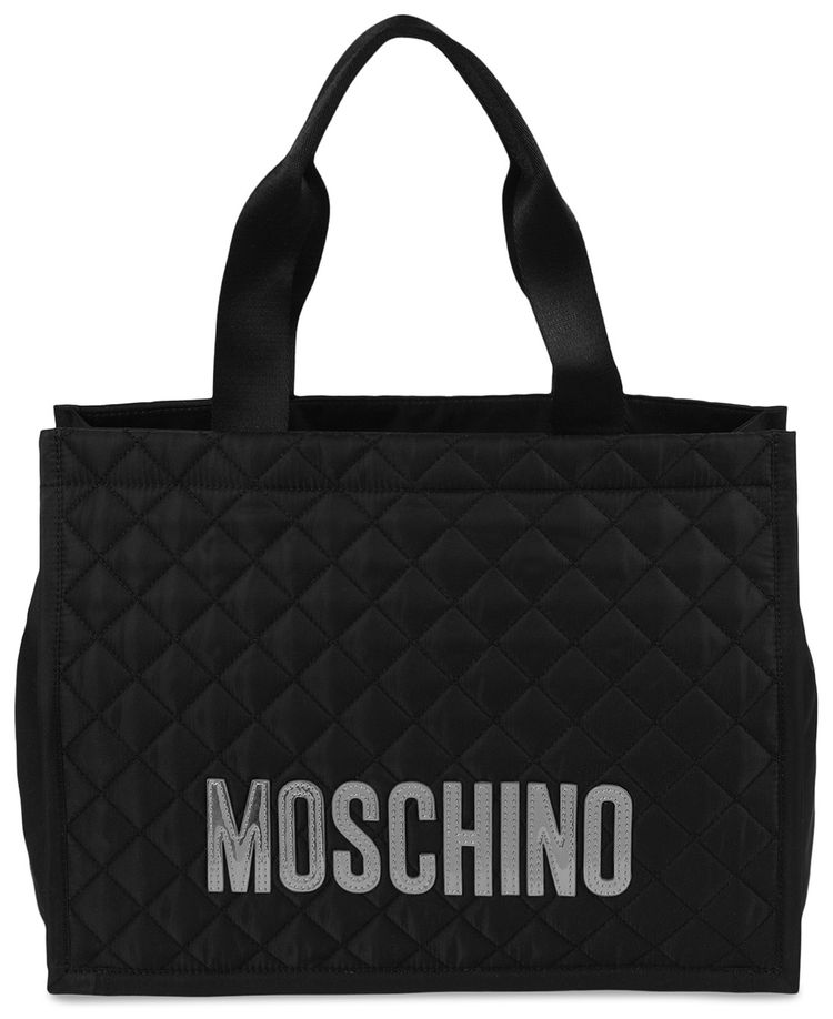 Moschino Quilted Nylon Logo Tote Bag Black Silver