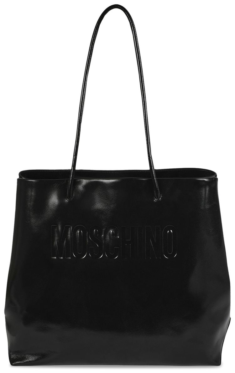 Moschino Logo Embossed Coated Leather Tote Bag Black