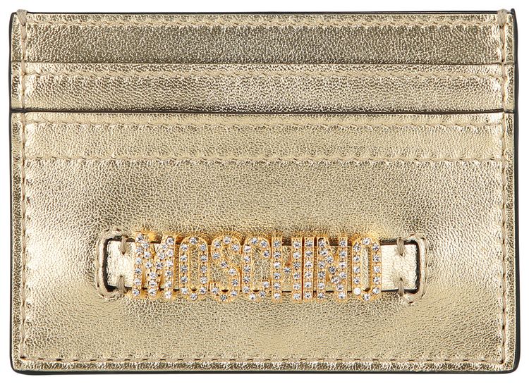 Moschino Logo Belt Crystal Embellished Card Holder Platinum