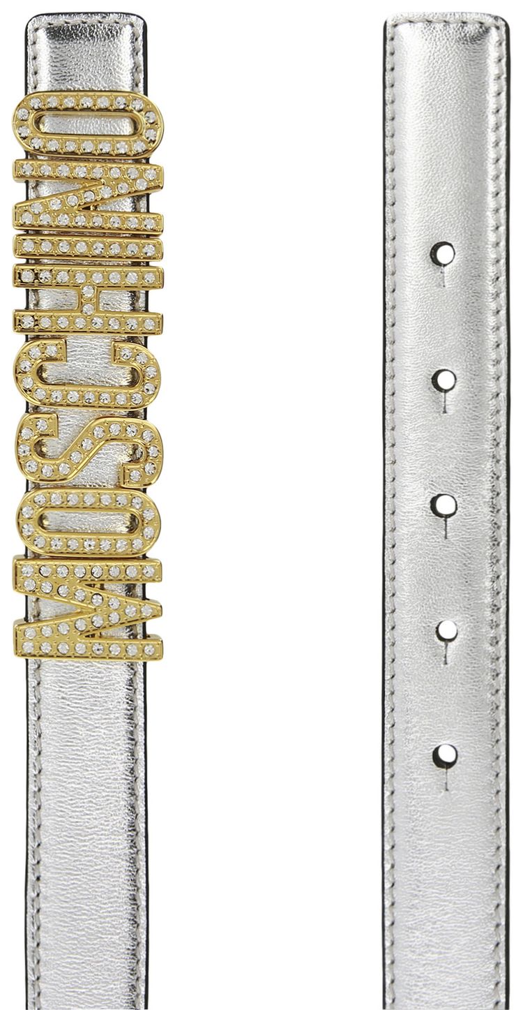 Moschino Crystal Embellished Logo Lettering Belt Fantasy PrintNickel