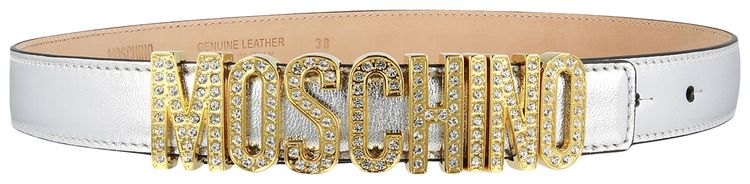 Moschino Crystal Embellished Logo Lettering Belt Fantasy PrintNickel