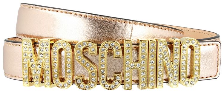 Moschino Crystal Embellished Logo Lettering Belt Fantasy PrintPink