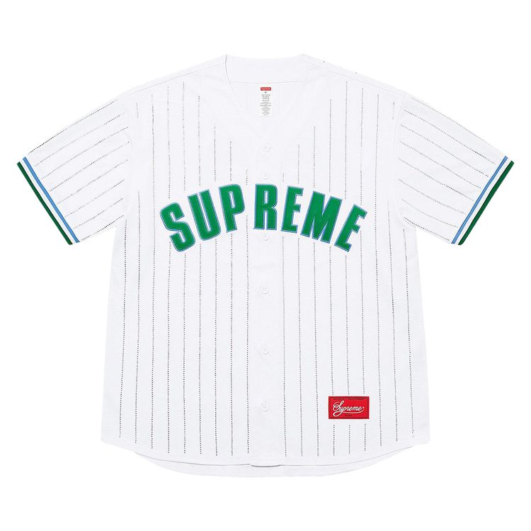 Supreme Rhinestone Stripe Baseball Jersey White