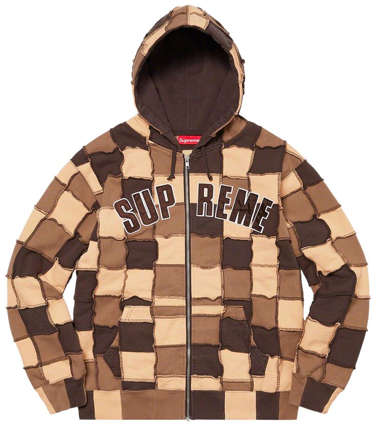 Supreme Reverse Patchwork Zip Up Hooded Sweatshirt Brown