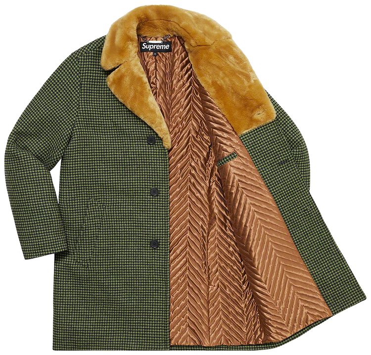 Supreme Fur Collar Car Coat Green Houndstooth
