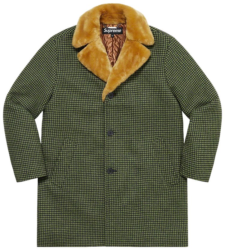 Supreme Fur Collar Car Coat Green Houndstooth