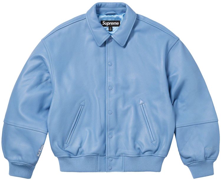 Supreme GORE TEX Infinium WINDSTOPPER Leather Varsity Jacket Light Blue