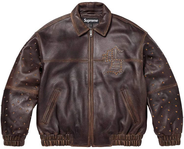 Supreme Gem Studded Leather Jacket Brown