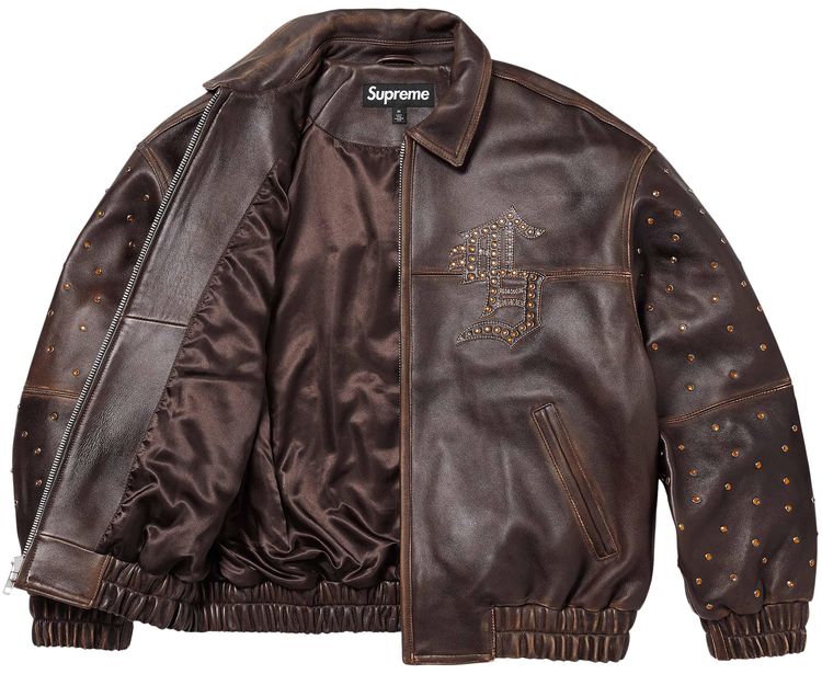 Supreme Gem Studded Leather Jacket Brown
