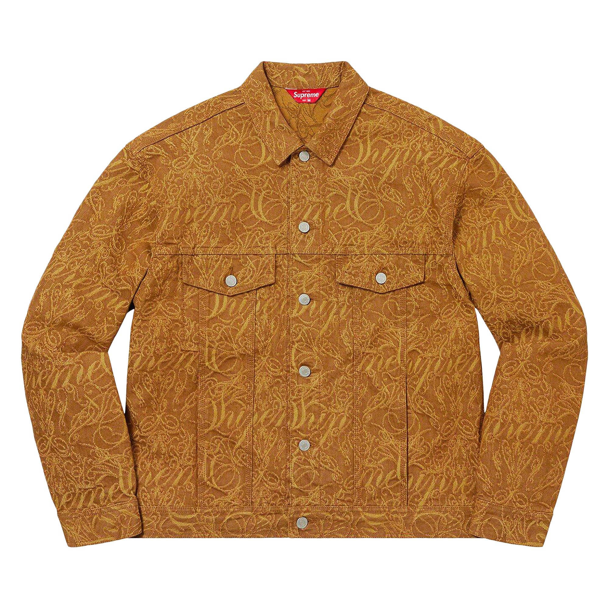 Buy Supreme Script Jacquard Denim Trucker Jacket 'Brown Buy Supreme Script Jacquard Denim Trucker Jacket 'Brown