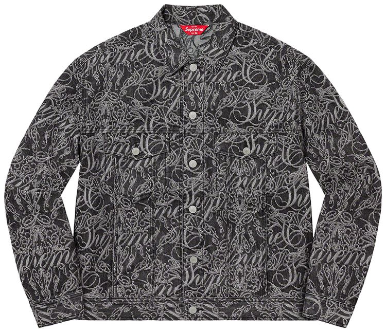 Supreme Script Jacquard Denim Trucker Jacket Washed Black