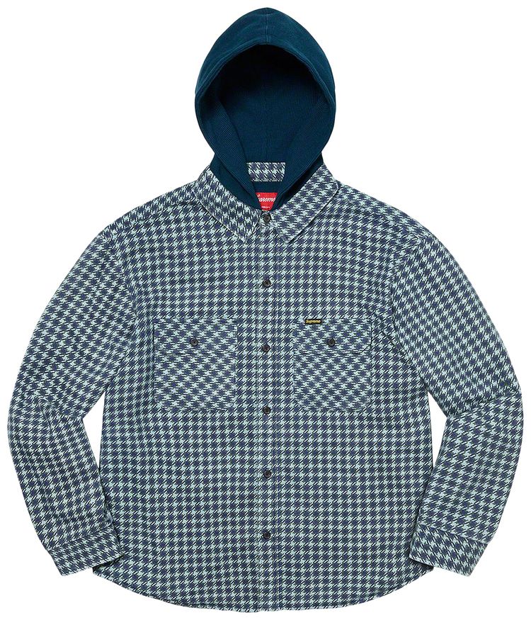 Supreme Houndstooth Flannel Hooded Shirt Light Navy