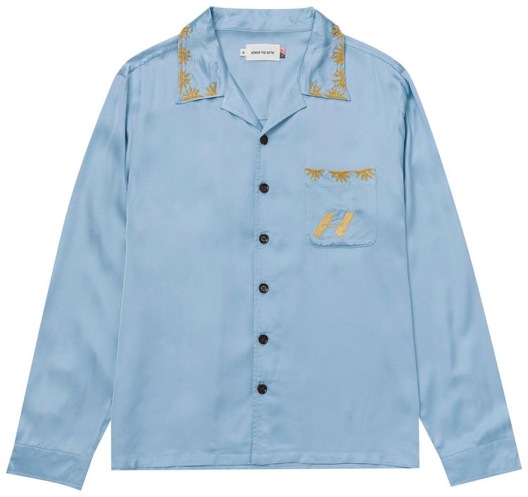 Honor The Gift Palm Stitch Long Sleeve Button Up Blue