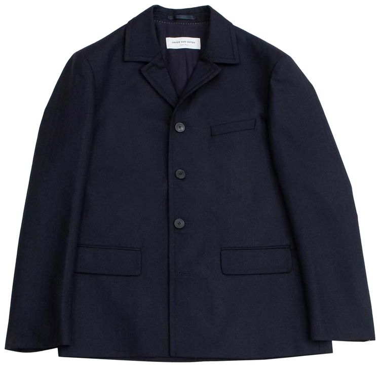 Dries Van Noten Wool Herringbone Boxy Shirt Blazer Navy