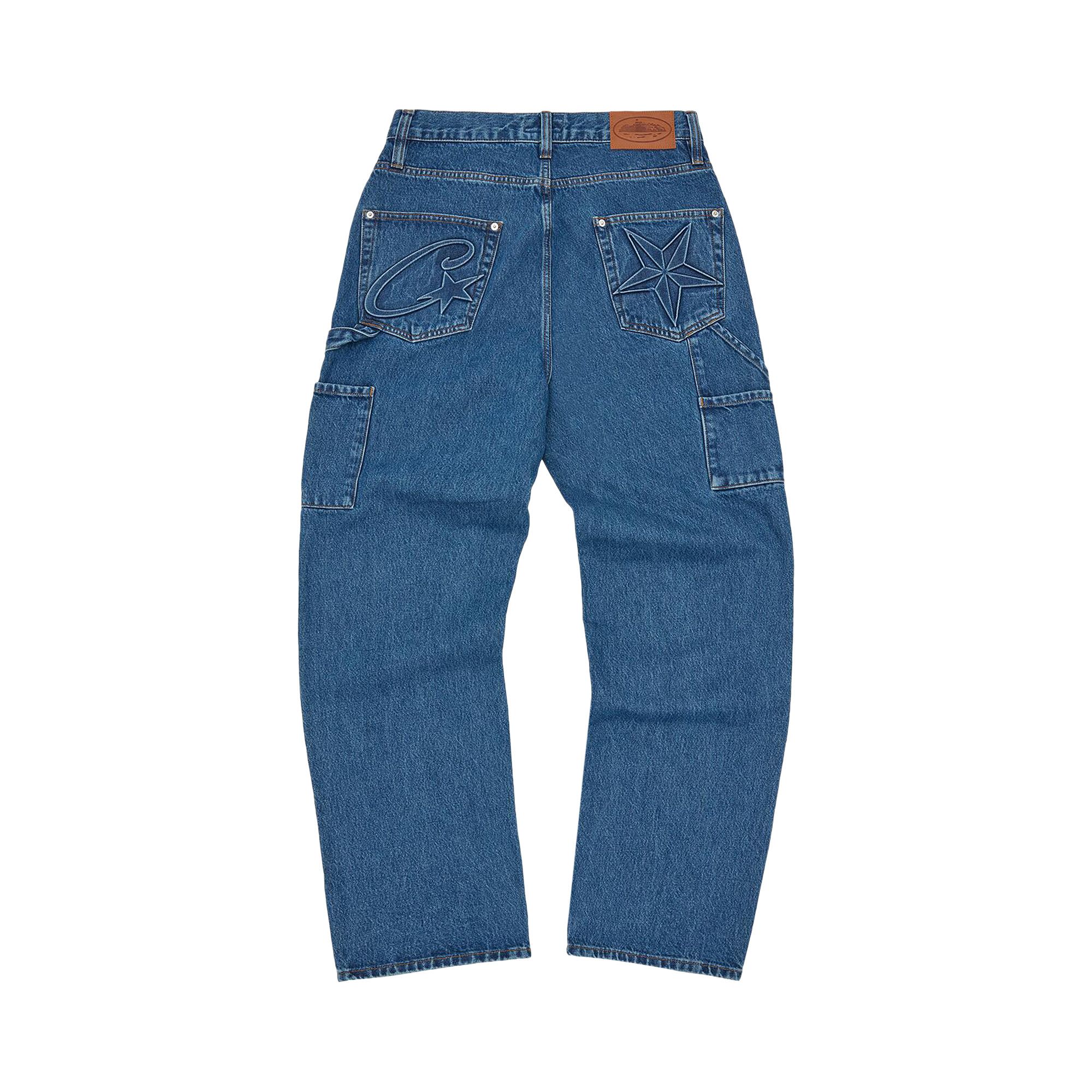 Size 34 Corteiz CRTZ Embossed C-Star Denim Work Pant 'Blue'