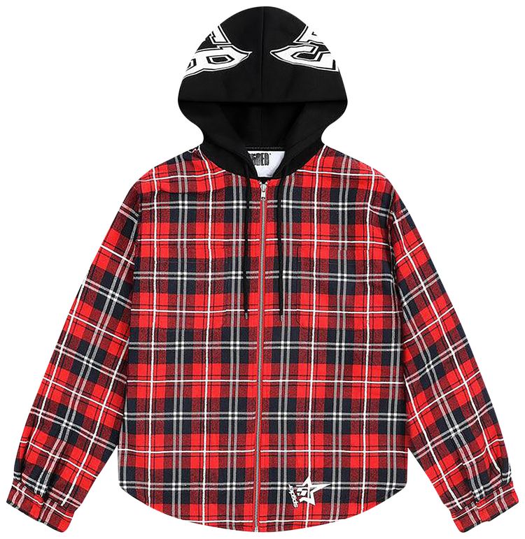 Sp5der Hooded Zip Flannel Shirt Jacket Red Plaid