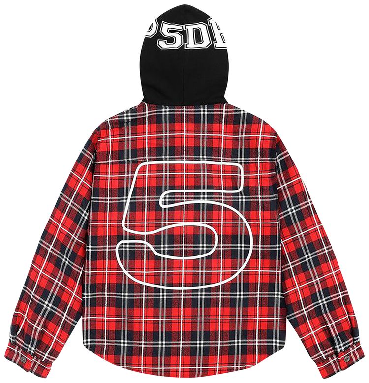 Sp5der Hooded Zip Flannel Shirt Jacket Red Plaid