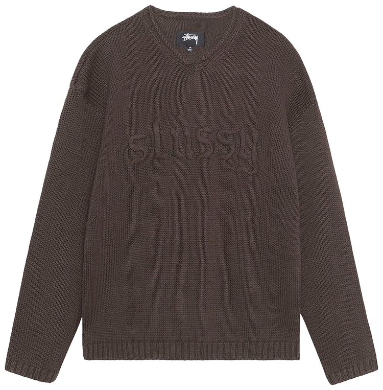 Stussy Embroidered V Neck Logo Sweater Brown